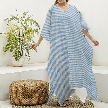 Light Blue Denim Jeans Print Silk V-Neck Kaftan Dress