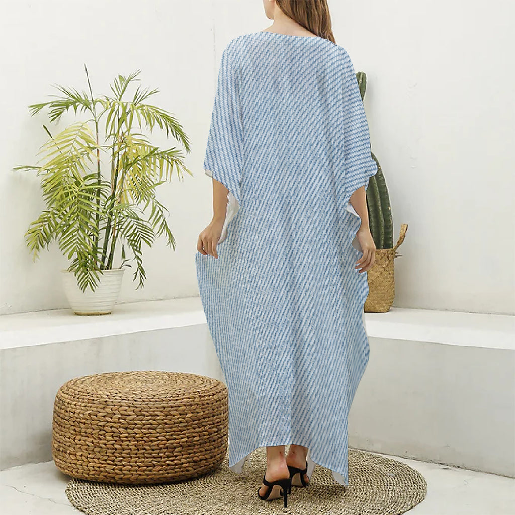 Light Blue Denim Jeans Print Silk V-Neck Kaftan Dress