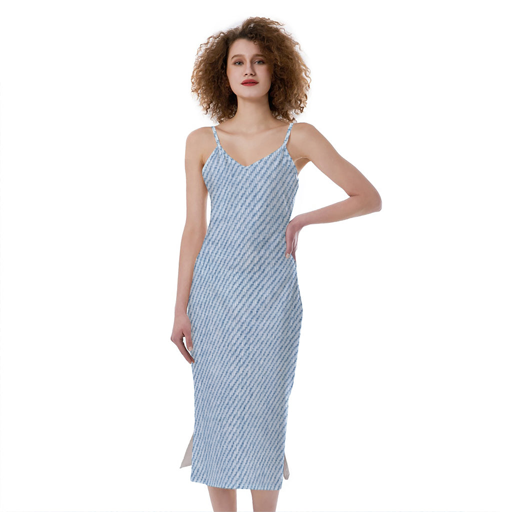 Light Blue Denim Jeans Print Slim Fit Midi Cami Dress