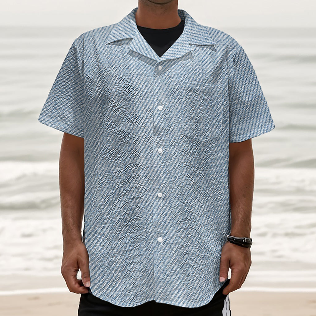 Light Blue Denim Jeans Print Textured Short Sleeve Shirt