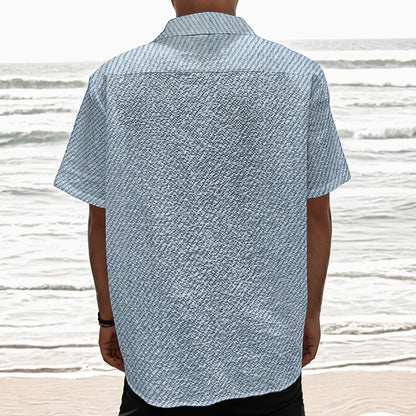 Light Blue Denim Jeans Print Textured Short Sleeve Shirt