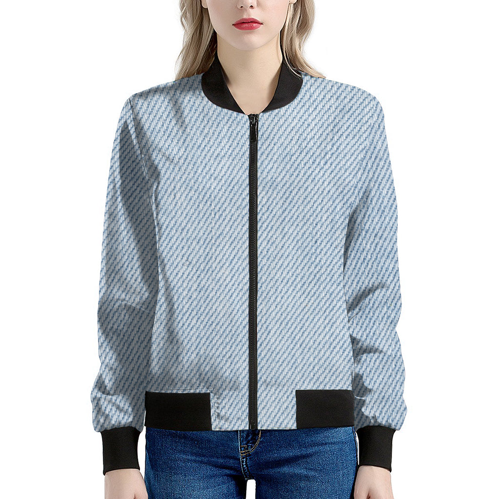 Light Blue Denim Jeans Print Women's Bomber Jacket