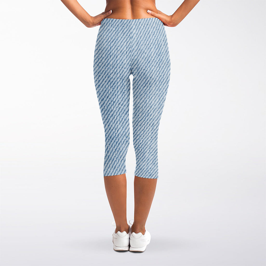 Light Blue Denim Jeans Print Women's Capri Leggings