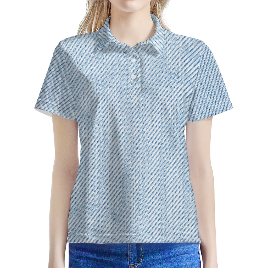 Light Blue Denim Jeans Print Women's Polo Shirt