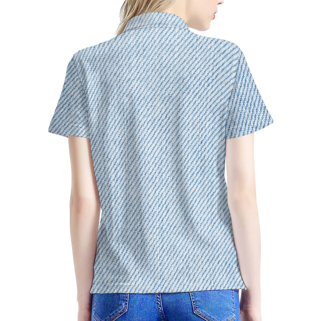 Light Blue Denim Jeans Print Women's Polo Shirt
