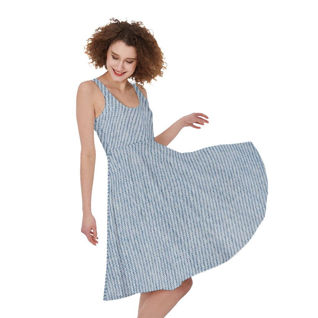 Light Blue Denim Jeans Print Women's Sleeveless Dress