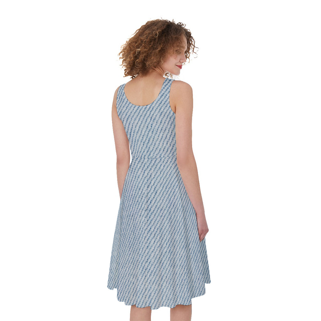 Light Blue Denim Jeans Print Women's Sleeveless Dress