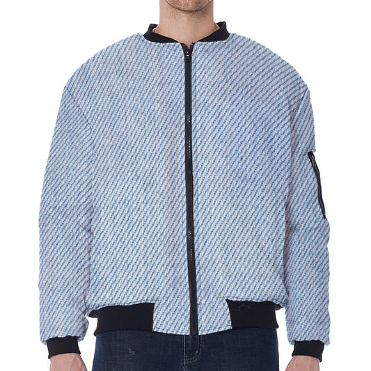 Light Blue Denim Jeans Print Zip Sleeve Bomber Jacket