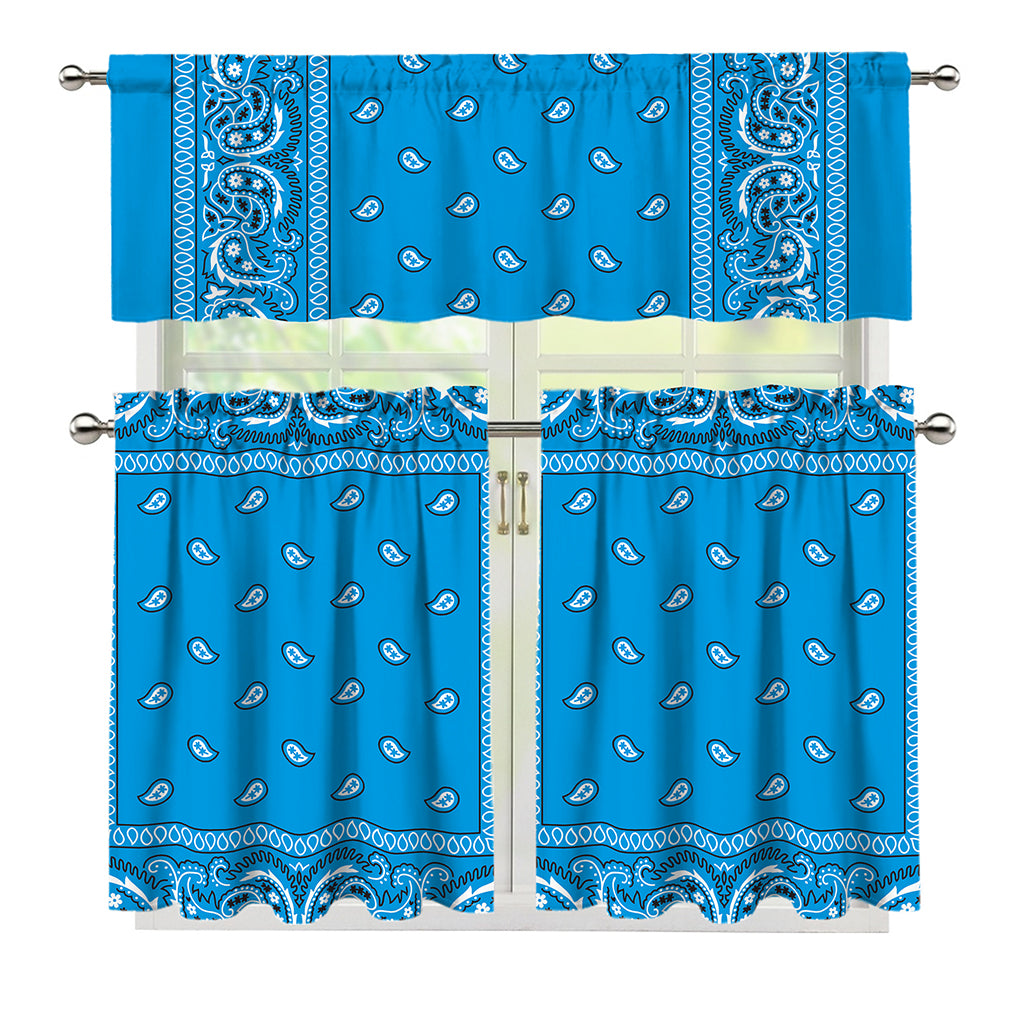 Light Blue Paisley Bandana Print 3 Piece Kitchen Curtains