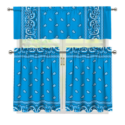 Light Blue Paisley Bandana Print 3 Piece Kitchen Curtains