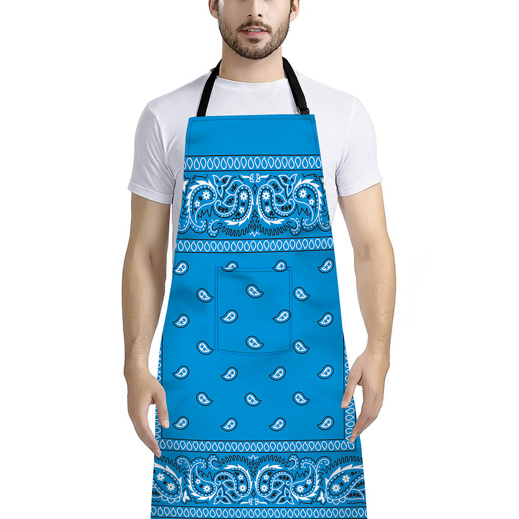 Light Blue Paisley Bandana Print Bib Apron With Pocket