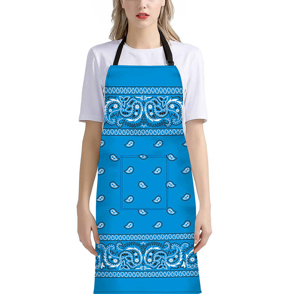 Light Blue Paisley Bandana Print Bib Apron With Pocket