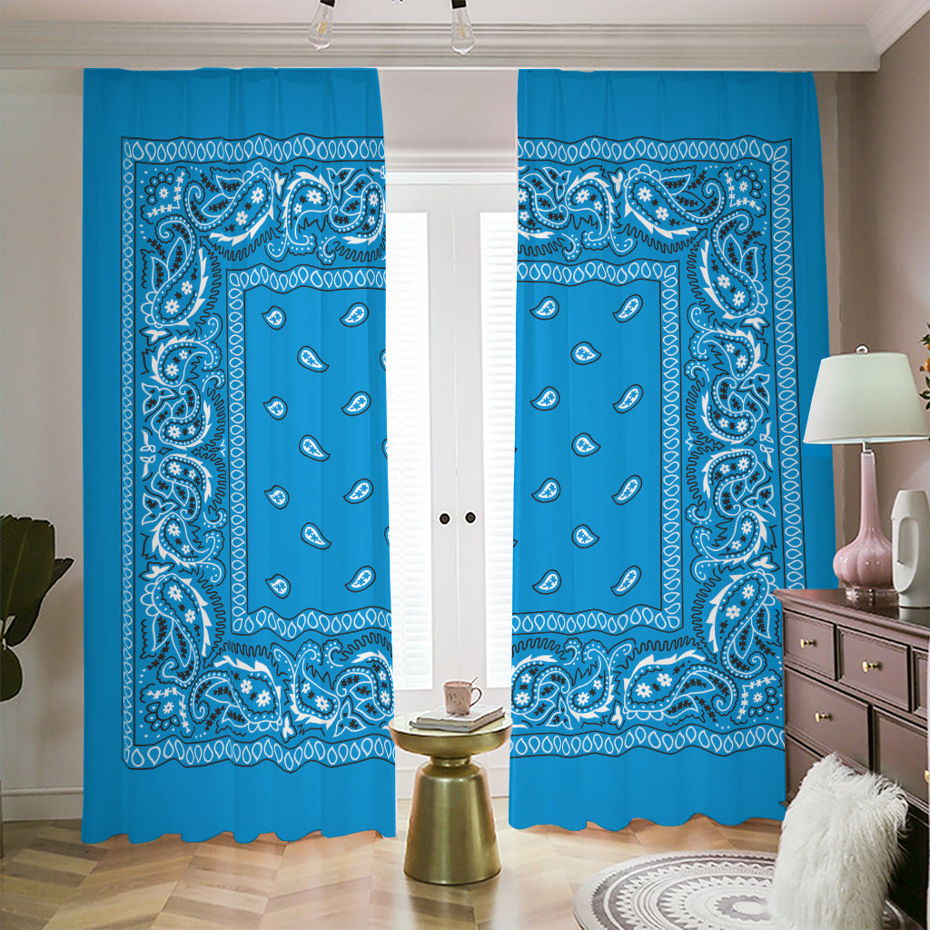 Light Blue Paisley Bandana Print Blackout Pencil Pleat Curtains