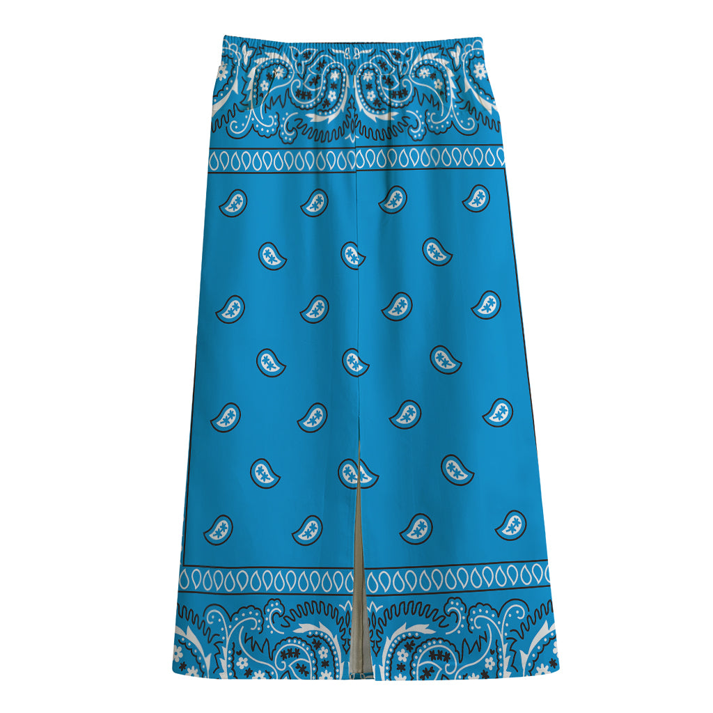 Light Blue Paisley Bandana Print Cotton Front Slit Maxi Skirt