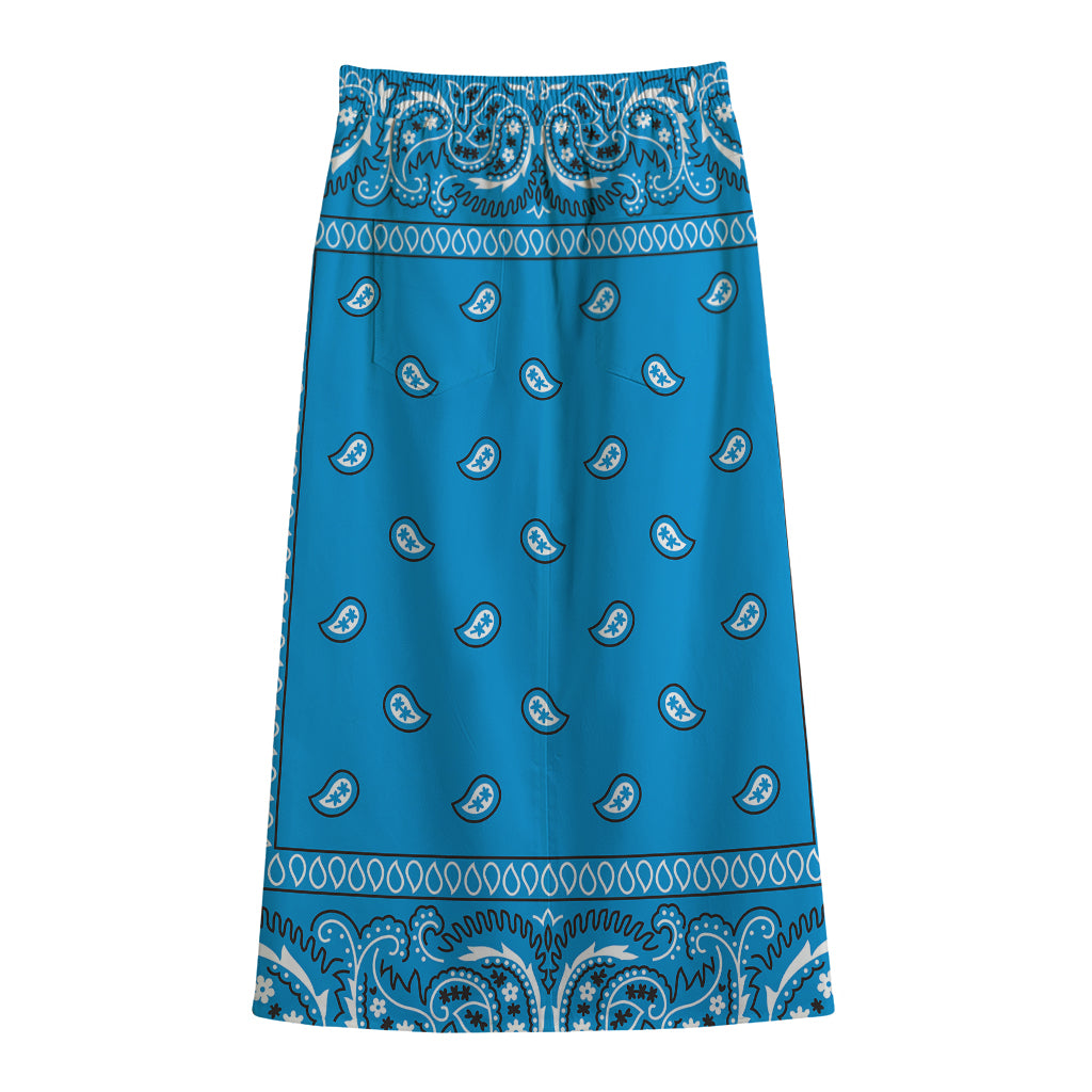 Light Blue Paisley Bandana Print Cotton Front Slit Maxi Skirt