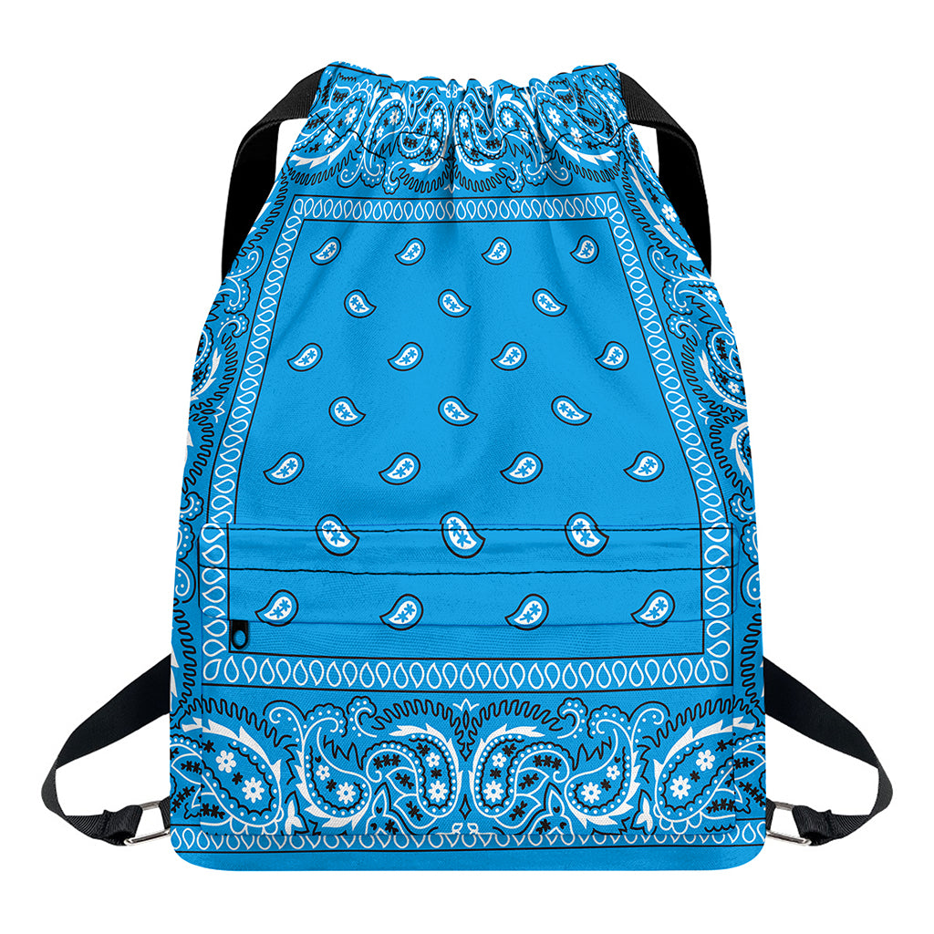 Light Blue Paisley Bandana Print Drawstring Backpack