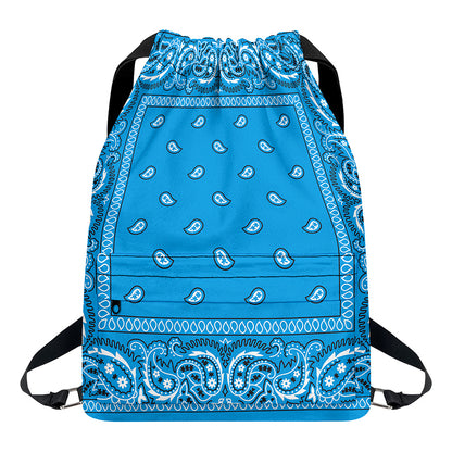 Light Blue Paisley Bandana Print Drawstring Backpack