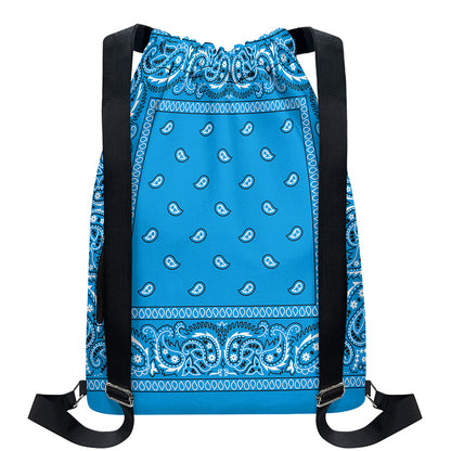 Light Blue Paisley Bandana Print Drawstring Backpack