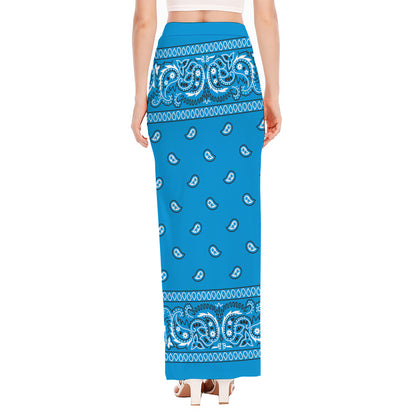 Light Blue Paisley Bandana Print High Slit Maxi Skirt
