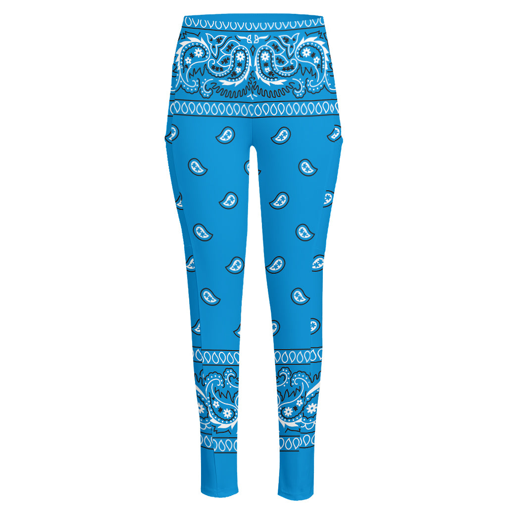 Light Blue Paisley Bandana Print High-Waisted Pocket Leggings