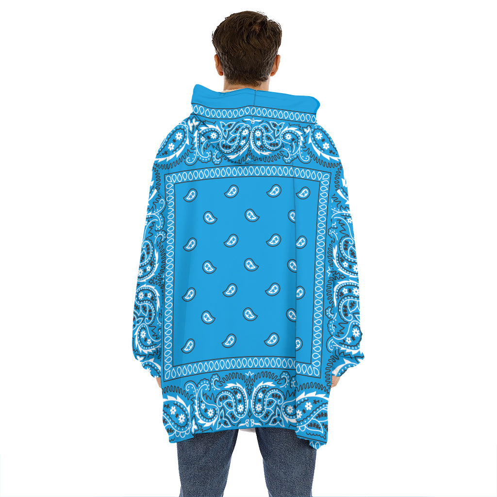 Light Blue Paisley Bandana Print Hoodie Blanket
