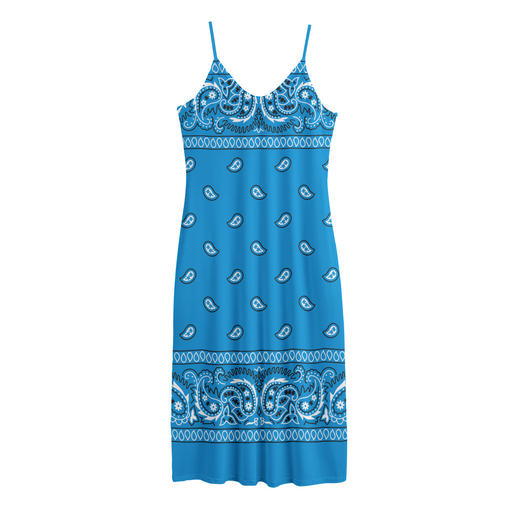 Light Blue Paisley Bandana Print Jersey Midi Cami Dress