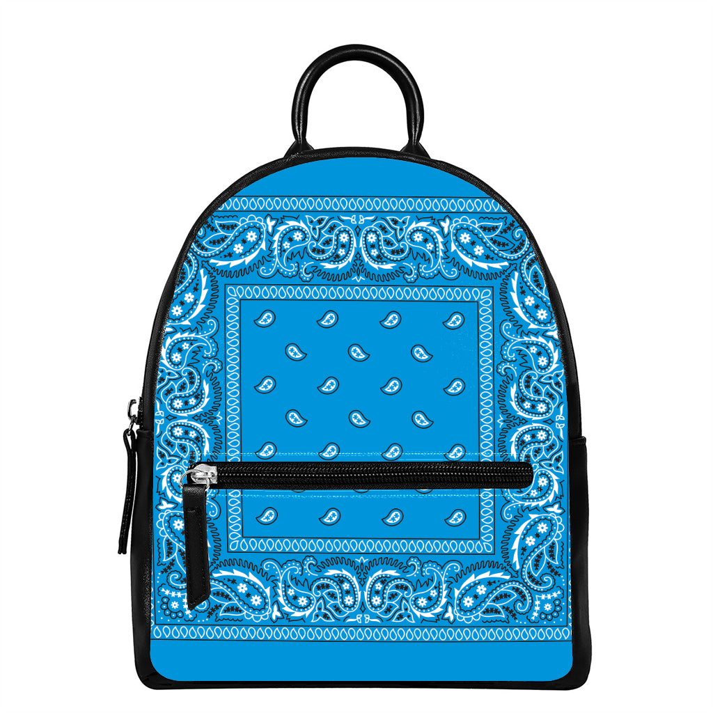 Light Blue Paisley Bandana Print Leather Backpack