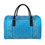 Light Blue Paisley Bandana Print Leather Duffle Bag