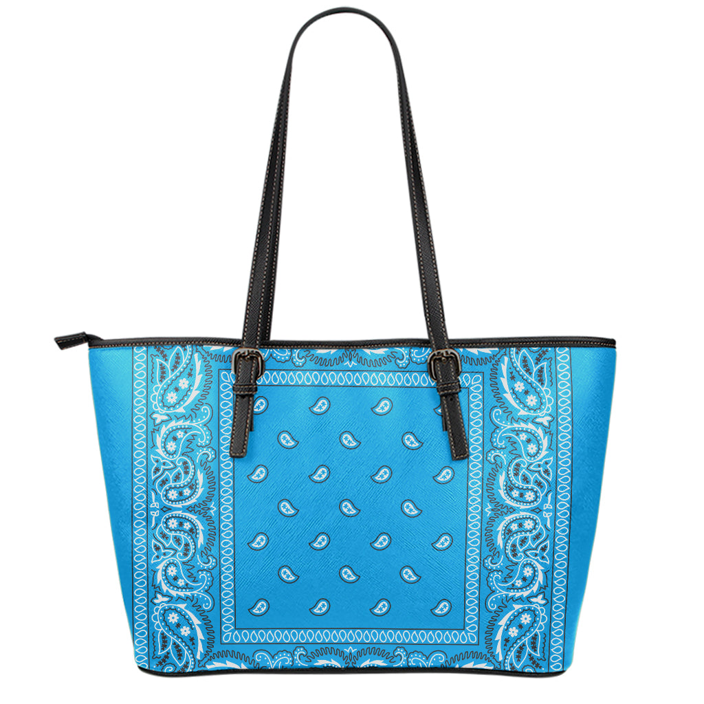 Light Blue Paisley Bandana Print Leather Tote Bag