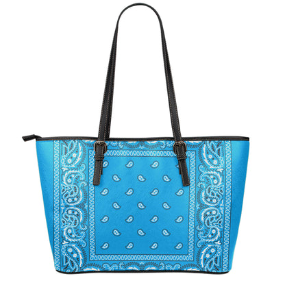 Light Blue Paisley Bandana Print Leather Tote Bag