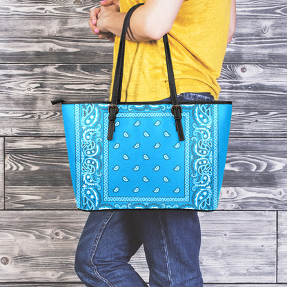 Light Blue Paisley Bandana Print Leather Tote Bag