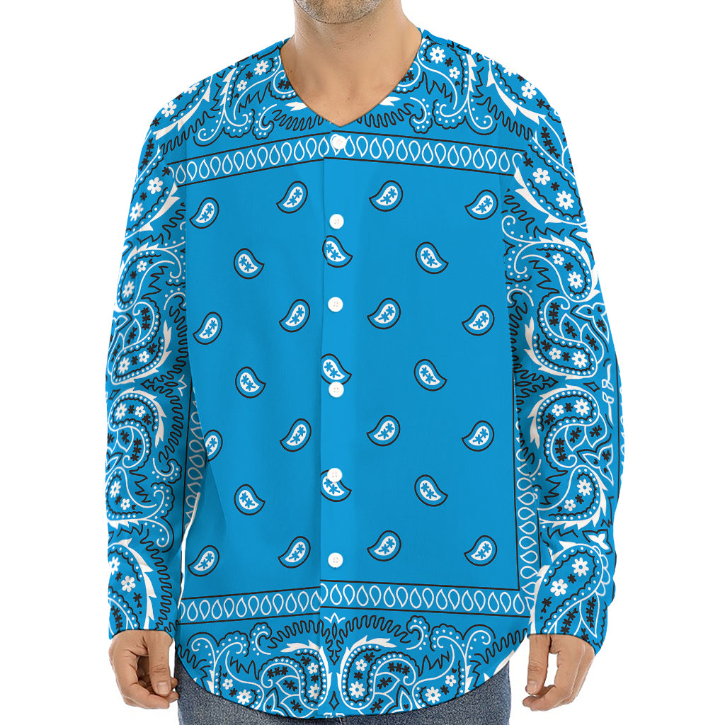 Light Blue Paisley Bandana Print Long Sleeve Baseball Jersey
