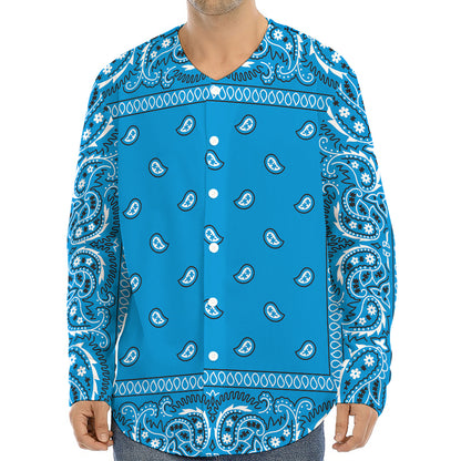 Light Blue Paisley Bandana Print Long Sleeve Baseball Jersey