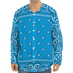 Light Blue Paisley Bandana Print Long Sleeve Baseball Jersey
