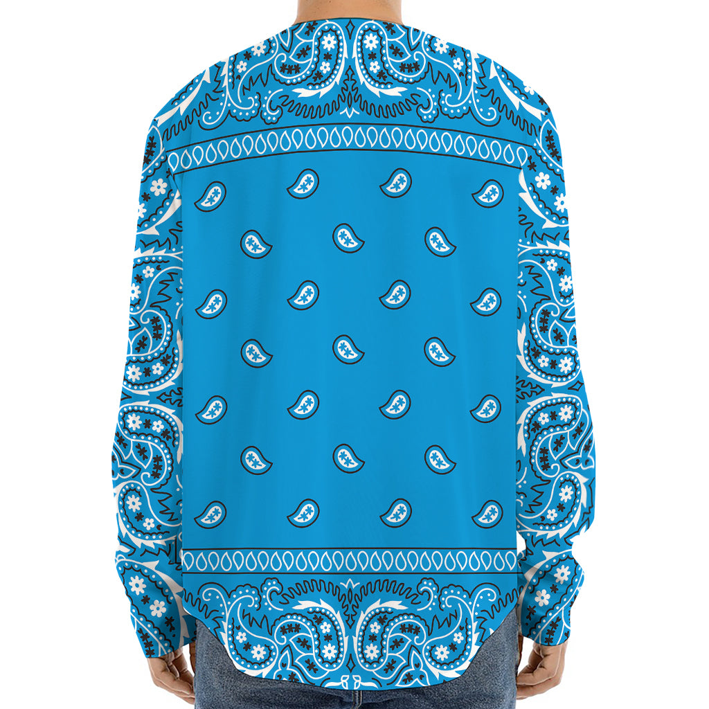 Light Blue Paisley Bandana Print Long Sleeve Baseball Jersey