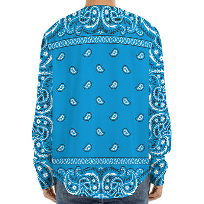 Light Blue Paisley Bandana Print Long Sleeve Baseball Jersey