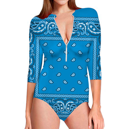 Light Blue Paisley Bandana Print Long Sleeve Swimsuit