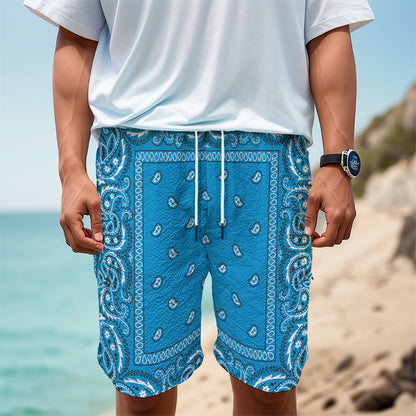 Light Blue Paisley Bandana Print Men's Cargo Shorts