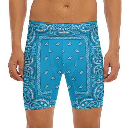 Light Blue Paisley Bandana Print Men's Long Boxer Briefs