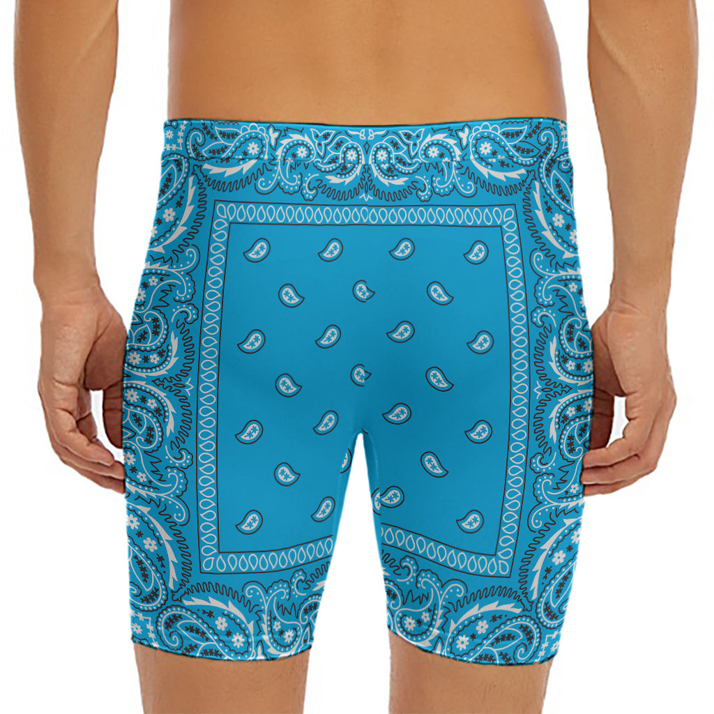 Light Blue Paisley Bandana Print Men's Long Boxer Briefs