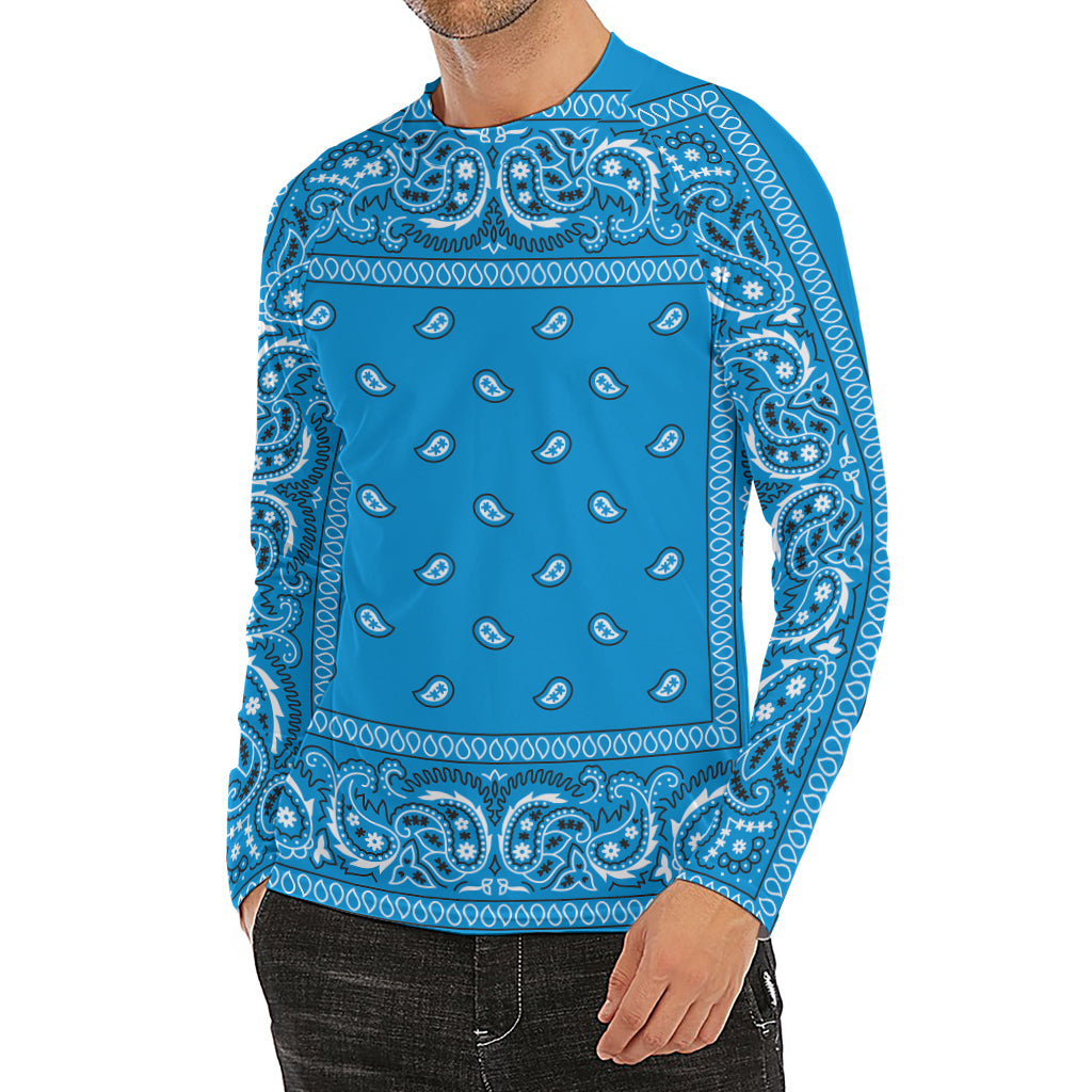 Light Blue Paisley Bandana Print Men's Long Sleeve Rash Guard