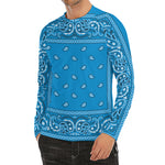 Light Blue Paisley Bandana Print Men's Long Sleeve Rash Guard