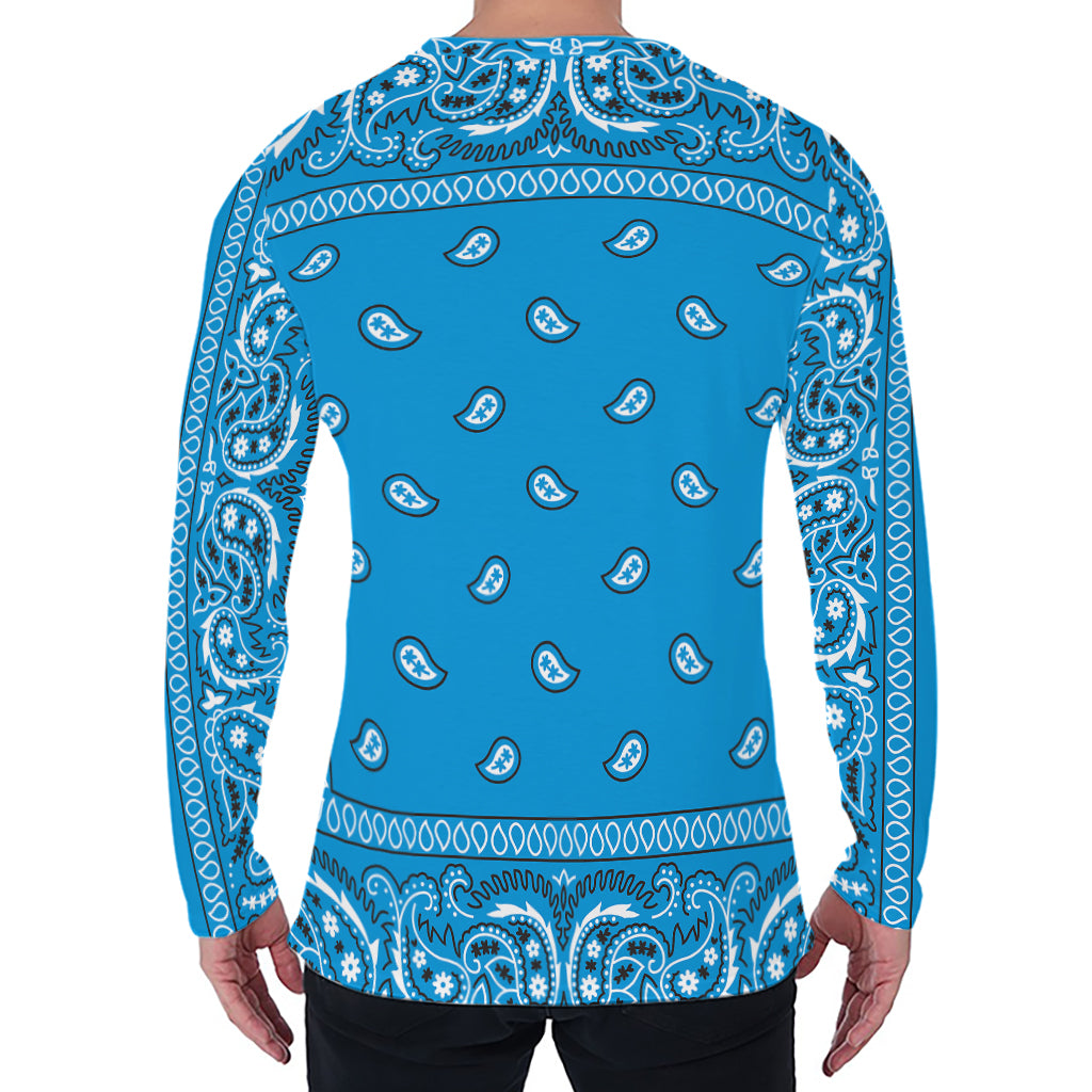 Light Blue Paisley Bandana Print Men's Long Sleeve T-Shirt
