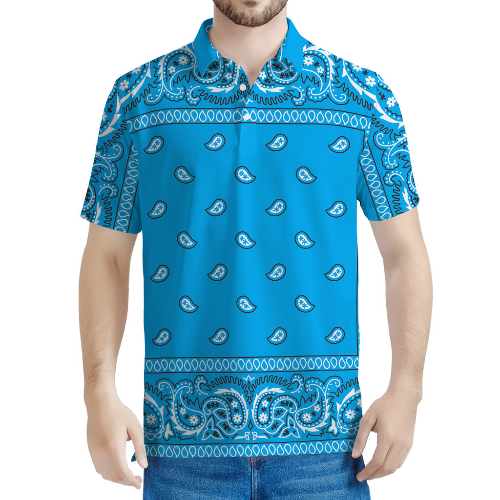 Light Blue Paisley Bandana Print Men's Polo Shirt
