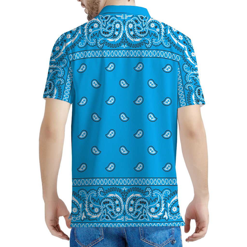 Light Blue Paisley Bandana Print Men's Polo Shirt