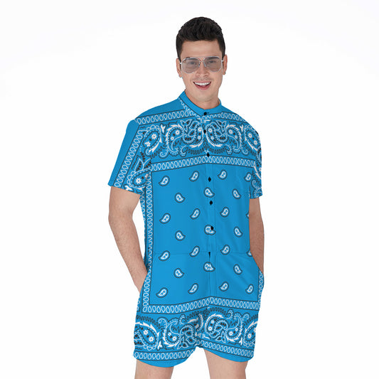 Light Blue Paisley Bandana Print Men's Rompers