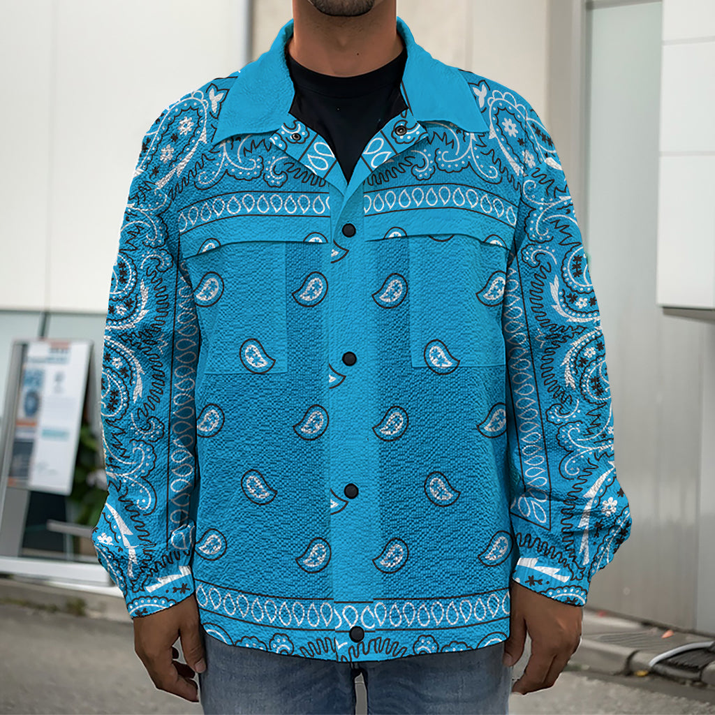 Light Blue Paisley Bandana Print Men's Shirt Jacket