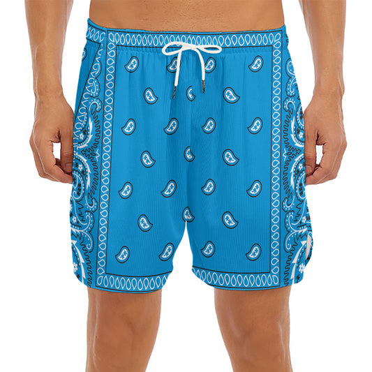 Light Blue Paisley Bandana Print Men's Split Running Shorts