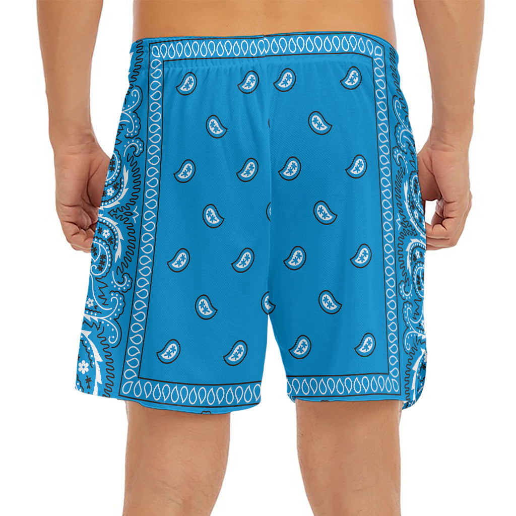 Light Blue Paisley Bandana Print Men's Split Running Shorts