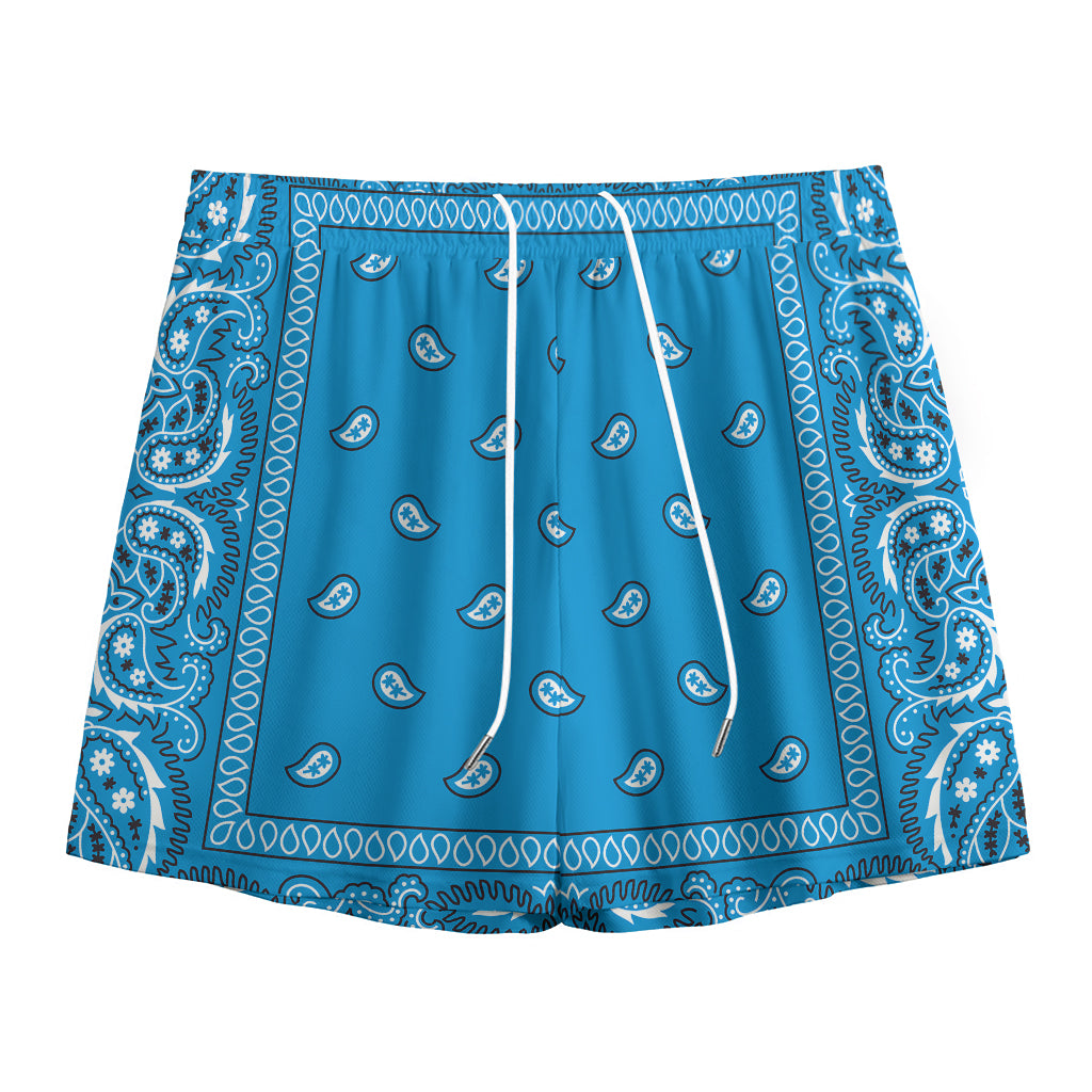 Light Blue Paisley Bandana Print Mesh Shorts